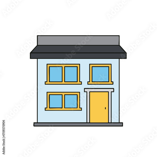 A charming, simple two-story residence featuring a blue exterior and vibrant yellow accents, depicted in a clean, modern flat graphic for digital applications.