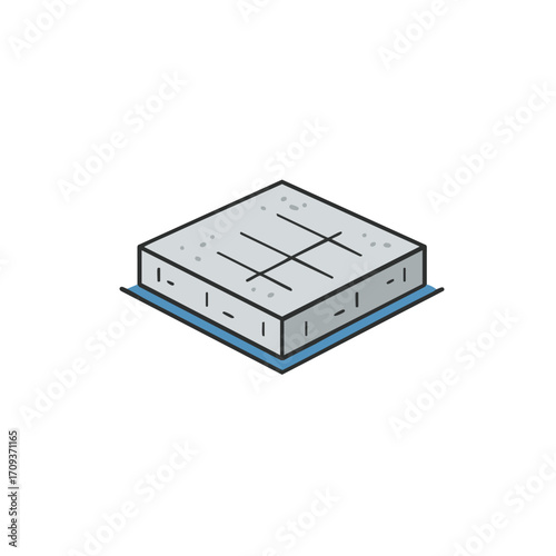 A stylized isometric illustration of a square concrete slab, representing a solid foundation for construction projects and architectural designs, on a blue base.