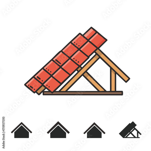 A detailed illustration of a residential roof section featuring vibrant red tiles and exposed wooden truss construction, symbolizing home building and architectural design.