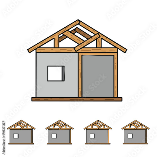 Vector illustration of a house under construction, showing the roof truss system and basic wall framework for residential building development.