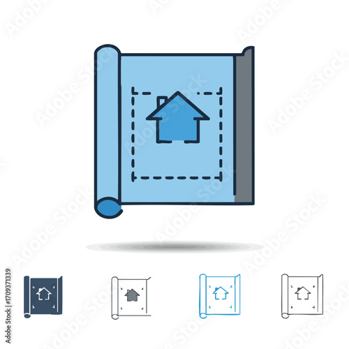 This vector illustration showcases a rolled architectural blueprint featuring a house icon, symbolizing construction, property development, and home design projects.