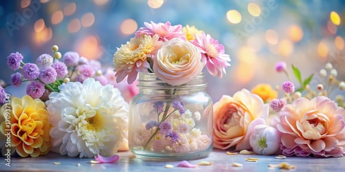 Pastel blossoms in a glass jar, surrounded by a soft focus array of delicate flowers, creating a tranquil and romantic floral arrangement.