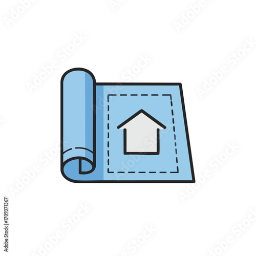 A blue architectural blueprint featuring a house icon, symbolizing comprehensive building design, construction planning, and property development concepts.