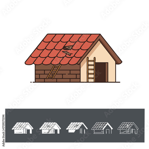 An illustration of a small house with a damaged red tiled roof, featuring ladders indicating ongoing repair or renovation work.
