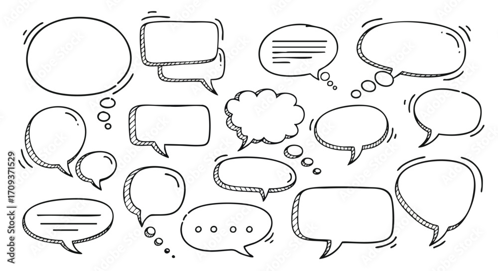 Fototapeta premium Hand-drawn collection of diverse speech bubbles for communication design.
