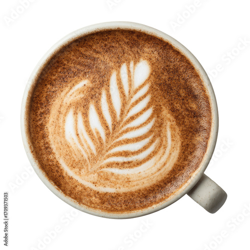 Overhead view of a latte art coffee drink.  A light beige mug holds a latte with a leaf design in the frothed milk