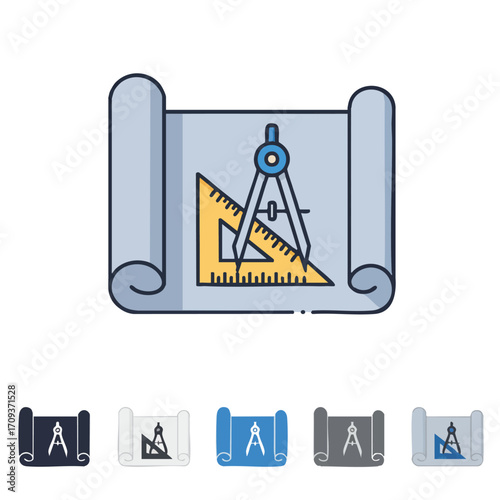 This clean vector illustration features a compass and set square on a rolled blueprint, symbolizing the careful planning and accuracy vital for architectural and engineering.