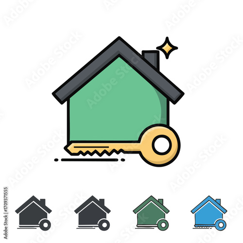 This vibrant illustration depicts a stylized house with a shiny golden key, symbolizing new home ownership, property investment, or secure real estate transactions.
