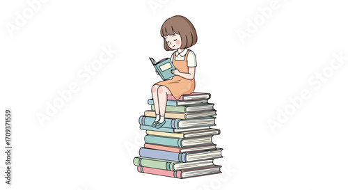 Girl Reading on Stacked Books.