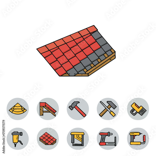 This vector illustration showcases a partially tiled roof alongside a comprehensive array of construction implements, perfect for building and home improvement themes.
