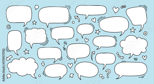 Collection of hand-drawn speech bubbles and design elements for communication.