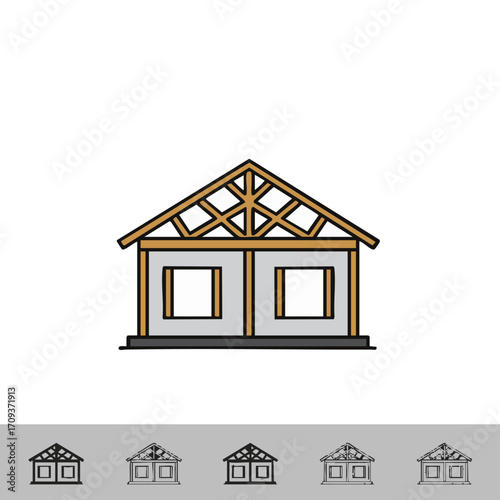This graphic illustration depicts a house under construction, with wooden roof trusses and wall framing, symbolizing new home building and property development.