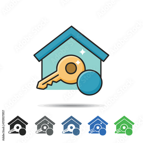 A stylized vector illustration depicts a house icon with a golden key, symbolizing home ownership, property management, and secure real estate transactions.