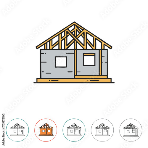 An illustrative line art depiction of a house under construction, showcasing the initial framing and wall structure of a new residential building project.