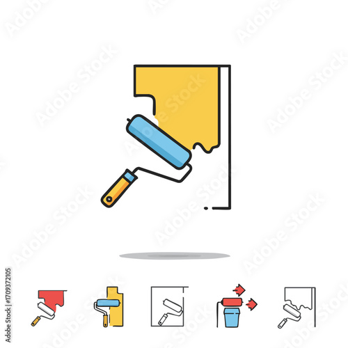 A vibrant yellow paint roller smoothly applies fresh color to a pristine white wall, symbolizing home improvement, renovation, and creative interior design projects.