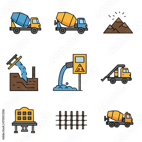 A comprehensive collection of colorful flat design vector icons representing key elements of heavy industry, construction, and environmental issues.