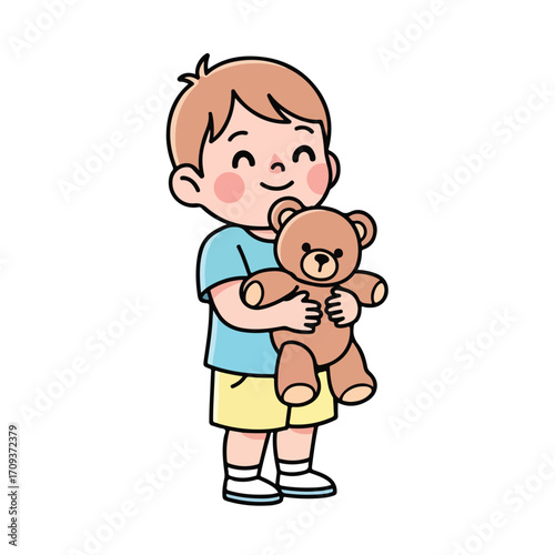 Happy Little Boy Hugging His Teddy Bear.