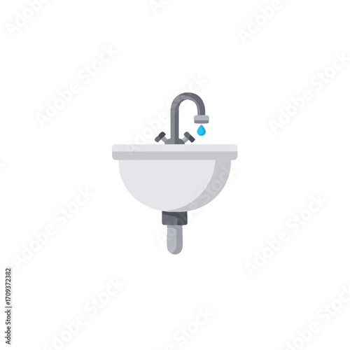 A clean, flat-design illustration shows a white bathroom sink with a grey faucet and a blue water droplet, representing water conservation and modern plumbing.
