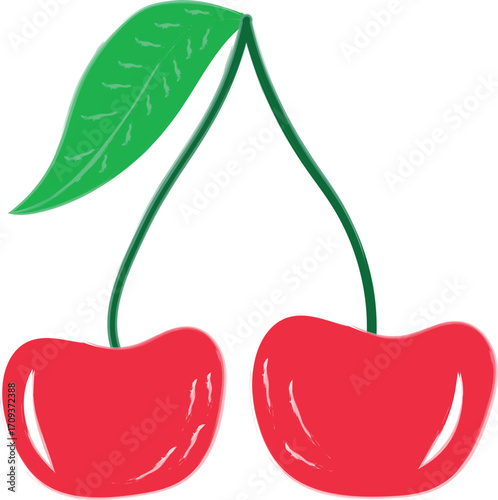 Two red cherries with a green leaf on a white background cherry fruit