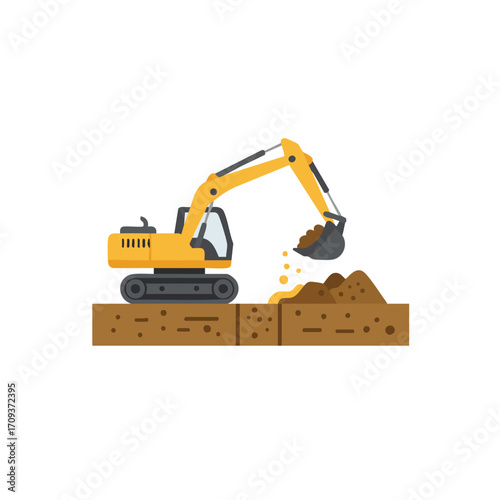 A vibrant yellow excavator efficiently digs into the ground, moving piles of brown earth for a construction project, depicted as a clean vector illustration.