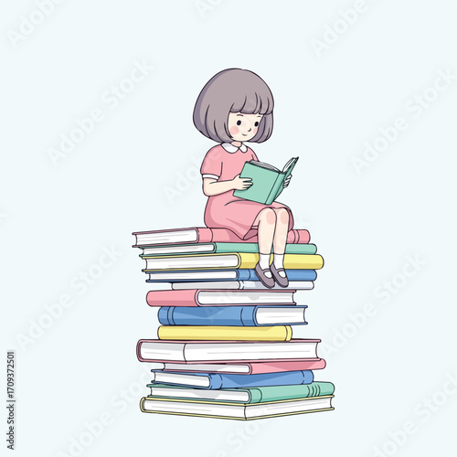 Young Girl Reading Book Sitting on Stack of Books.