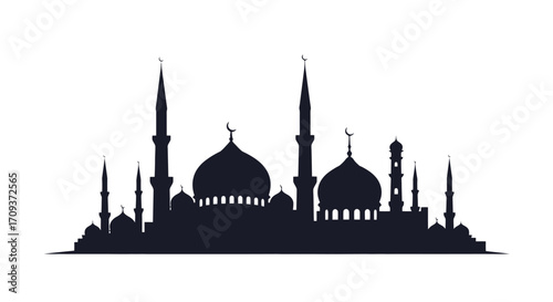 Elegant Mosque Silhouette Illustration for Ramadan Celebrations, Islamic Design Projects, and Cultural Presentations, Perfect for use in educational and promotional materials.
