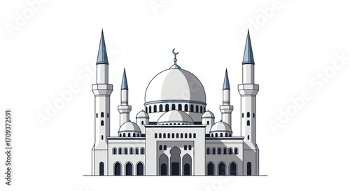 Elegant White Mosque Illustration for Religious Observance and Architectural Appreciation, Suitable for Educational Materials and Cultural Presentations
