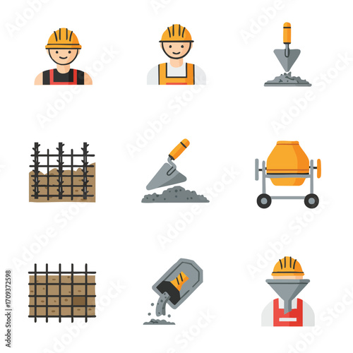This comprehensive collection of flat design icons vividly illustrates various essential elements, processes, and personnel involved in the construction industry.