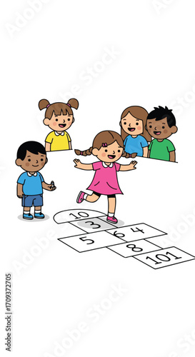 Diverse group of children playing hopscotch together.