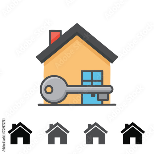 A clean, modern graphic illustration showcases a house with a key, perfectly symbolizing home ownership, property security, and accessible real estate solutions.