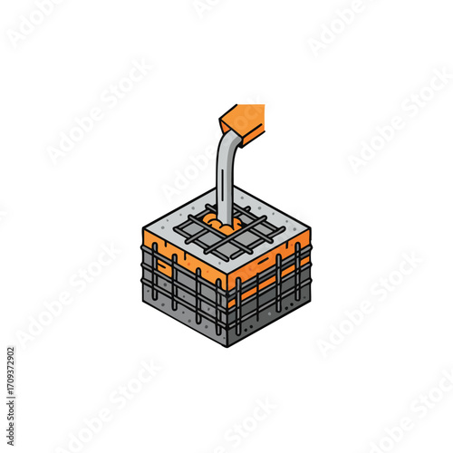 An illustrated isometric view depicts the essential process of pouring fresh concrete into a reinforced foundation, crucial for modern construction projects.