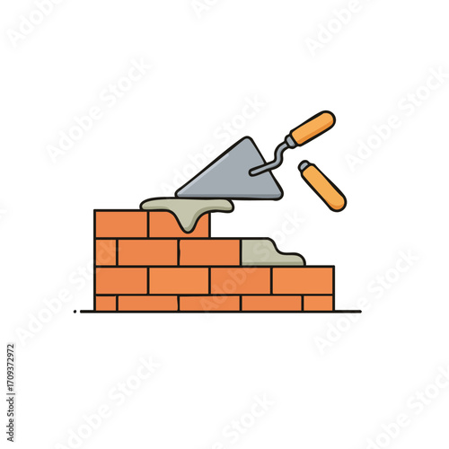 An illustrative depiction of a construction worker's trowel meticulously applying fresh mortar onto a developing brick wall, symbolizing building progress and craftsmanship.