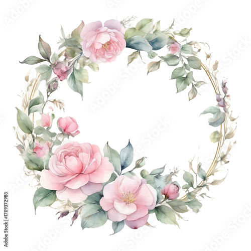 Soft Pink Rose and Green Leaf Wreath with Gold Frame on White Background floral circular