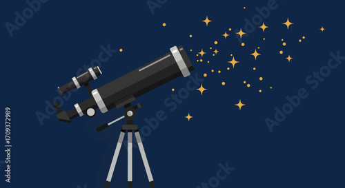 A black telescope on a tripod pointed right, with stars streaming from its lens against a dark blue background.