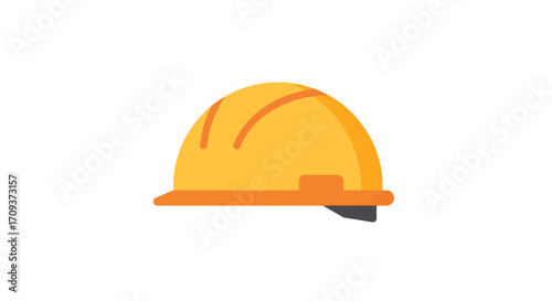 A simple, flat illustration of a yellow hard hat with an orange brim and a dark gray chin strap.