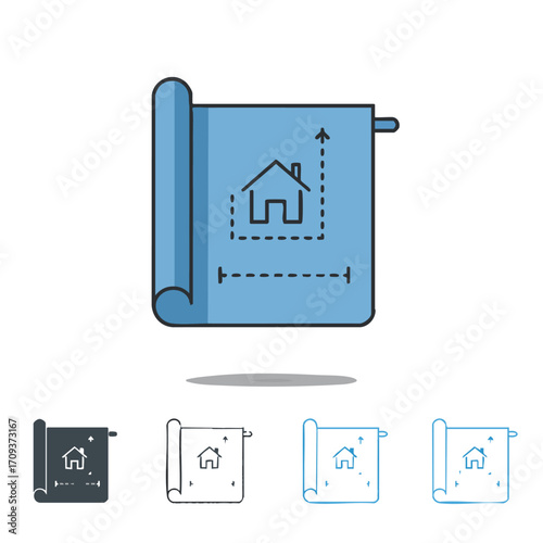 A modern vector illustration displays a rolled architectural blueprint with a house icon and dashed lines, symbolizing property development, construction, and real estate.