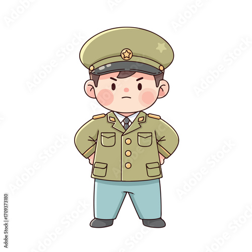 Cute chibi soldier boy in military uniform illustration.