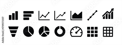 Analytics dashboard glyph icon set. Vector pictograms of percent, growth graph, decline, trend, arrow, filter, segmentation, magnify, analysis, document, black sign silhouette illustration