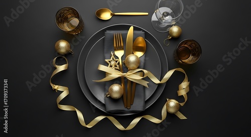 Elegant Black and Gold Christmas Table Setting.