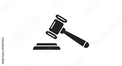 A black silhouette icon of a judge's gavel hitting a sounding block, representing law, justice, and authority.