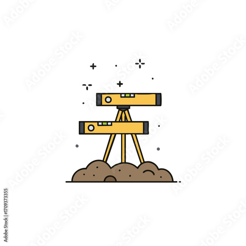 A pair of bright yellow spirit levels on tripods precisely measure an uneven ground surface, symbolizing accuracy in construction and surveying projects.