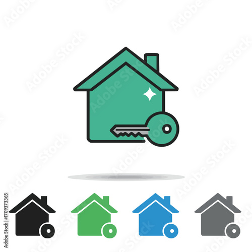 A modern vector graphic illustrates a stylized house icon paired with a key, representing concepts of home buying, property access, and security.