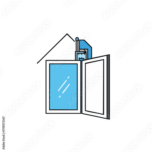 This crisp, modern illustration presents an open house window, highlighting its double-glazed frame and the concept of efficient home ventilation and insulation.
