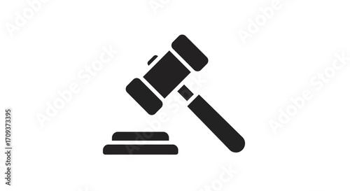 A black silhouette of a judge's gavel and sound block on a plain white background, symbolizing law, justice, and authority.