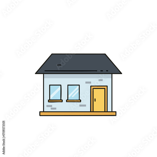 A charming, minimalist cartoon illustration of a cozy single-family house with a dark roof and bright yellow door, ideal for various design projects.