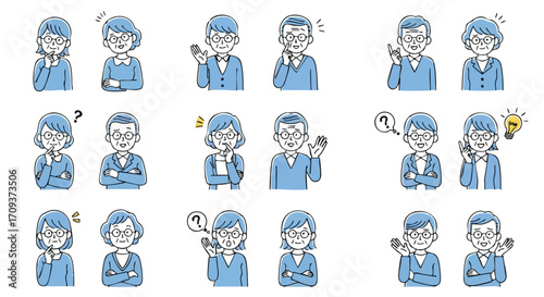 Charming elderly couple expressing various emotions like thinking, questioning, and having ideas