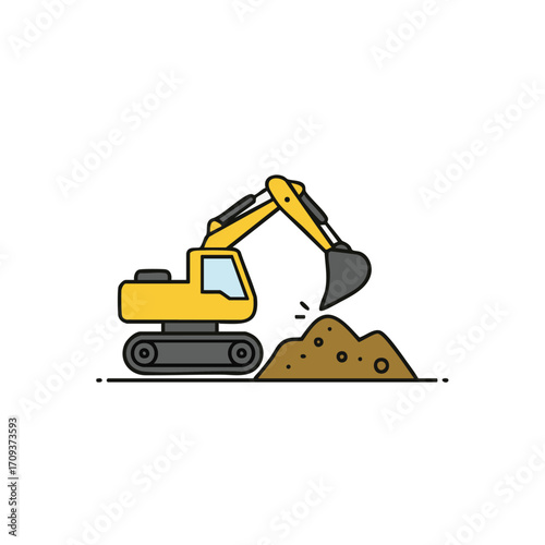 A vibrant yellow excavator with a powerful digging arm is actively moving a pile of brown earth, illustrating heavy construction work in a clean vector style.