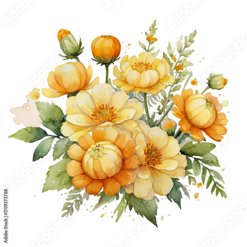 Soft watercolor arrangement of yellow and orange flowers with green foliage floral bouquet