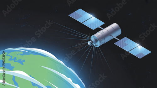 Satellite orbiting earth illustration for space exploration and technology communications research and development