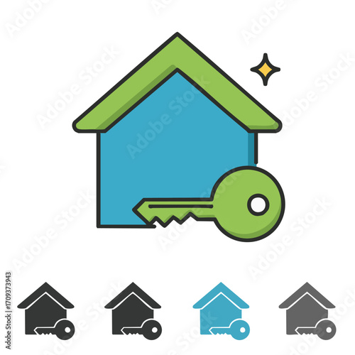 A vibrant digital icon set depicting a house and a key, symbolizing homeownership, real estate, property security, and housing solutions.